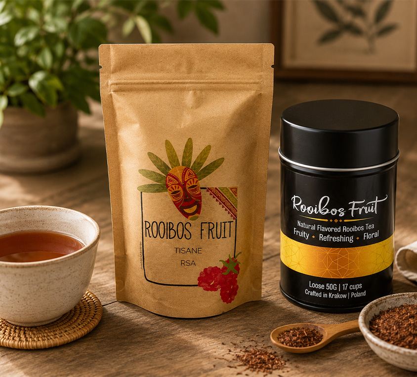 Rooibos Fruit Leo Tea – puszka, doypack i kubek prezentowy